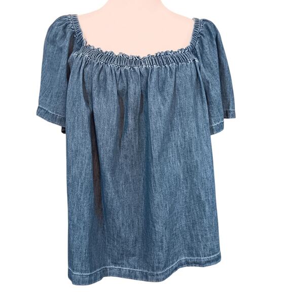 NEW GAP Boho Peasant Top Large Square Gathered Neck Milkmaid Cotton Light Denim - Picture 3 of 7